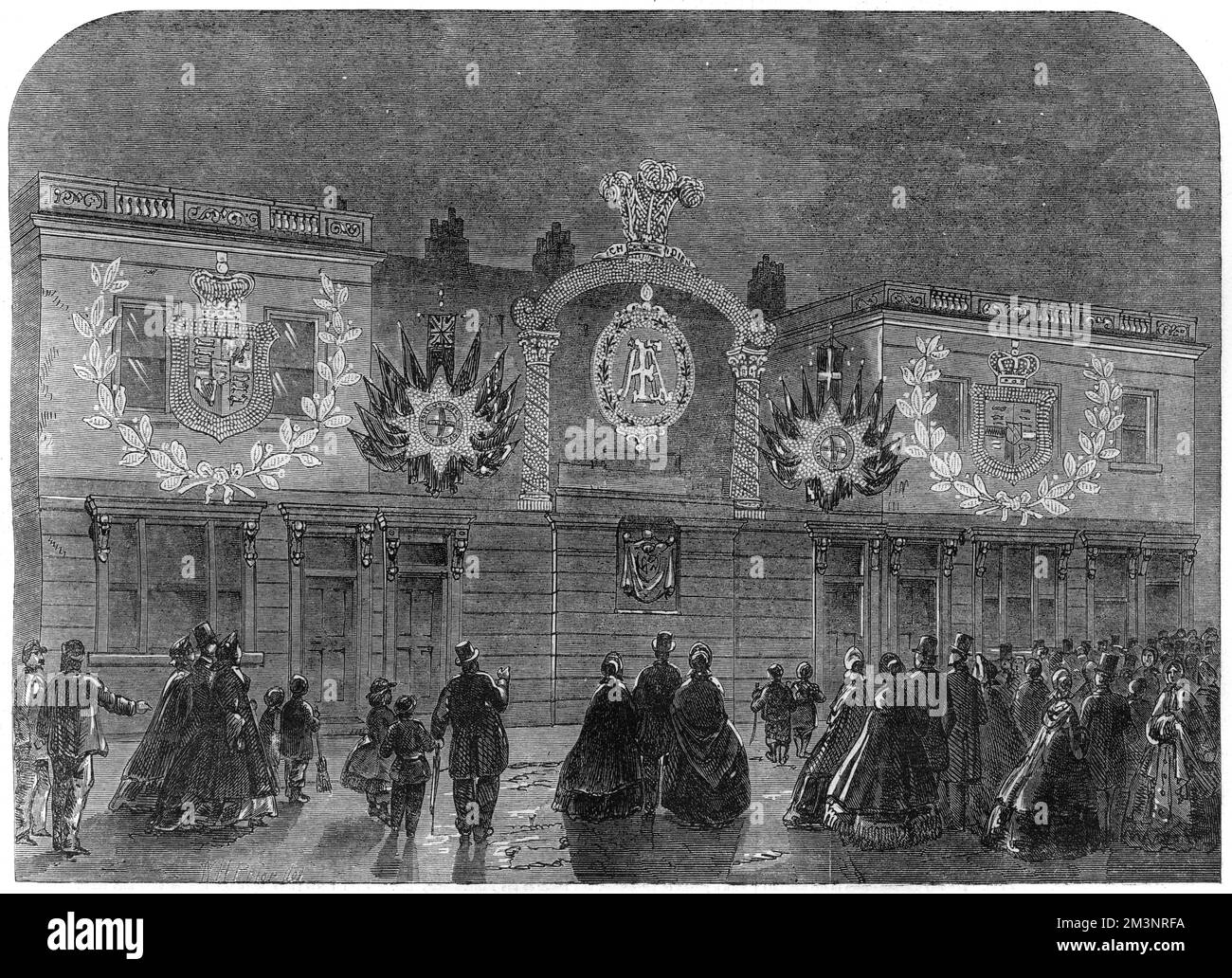 Savile Row, London, is illuminated to celebrate the wedding of the Prince of Wales to Princess Alexandra of Denmark. A number of buildings in central London were illuminated as part of the celebration of the happy occasion. The exterior of Henry Poole's tailor, is shown illuminated here.     Date: March 1863 Stock Photo