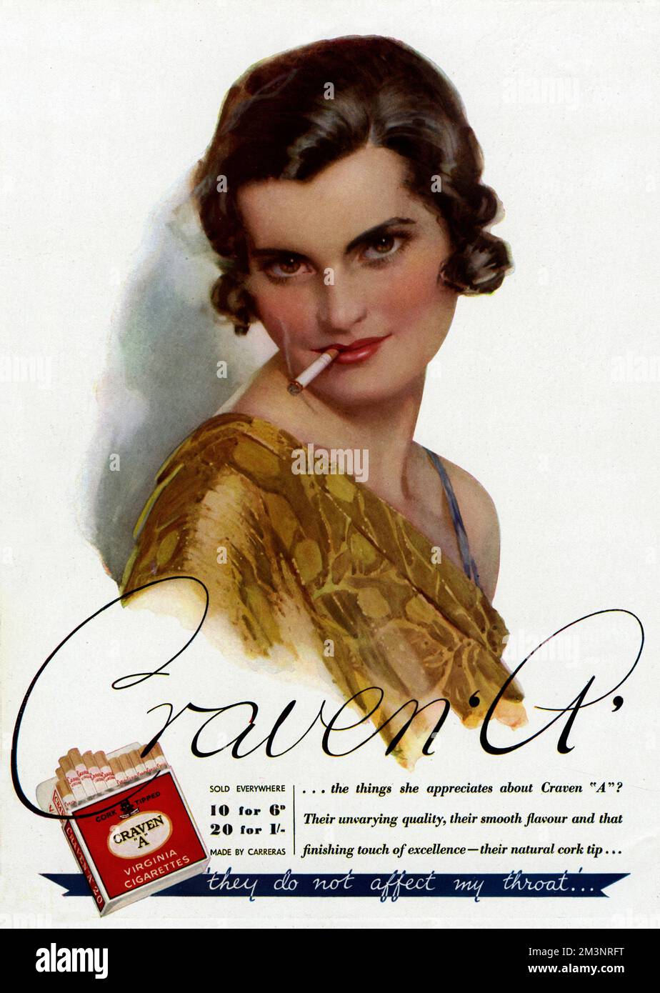 Advert for Craven A cigarettes, 1930s woman smoking.  1934 Stock Photo