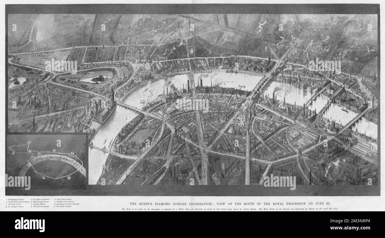 Queen Victoria's Diamond Jubilee celebration: view of the circular route of the royal procession on 22nd June. The route departs from Buckingham Palace, to St Paul's Cathedral via Hyde Park corner.  22nd June 1897 Stock Photo