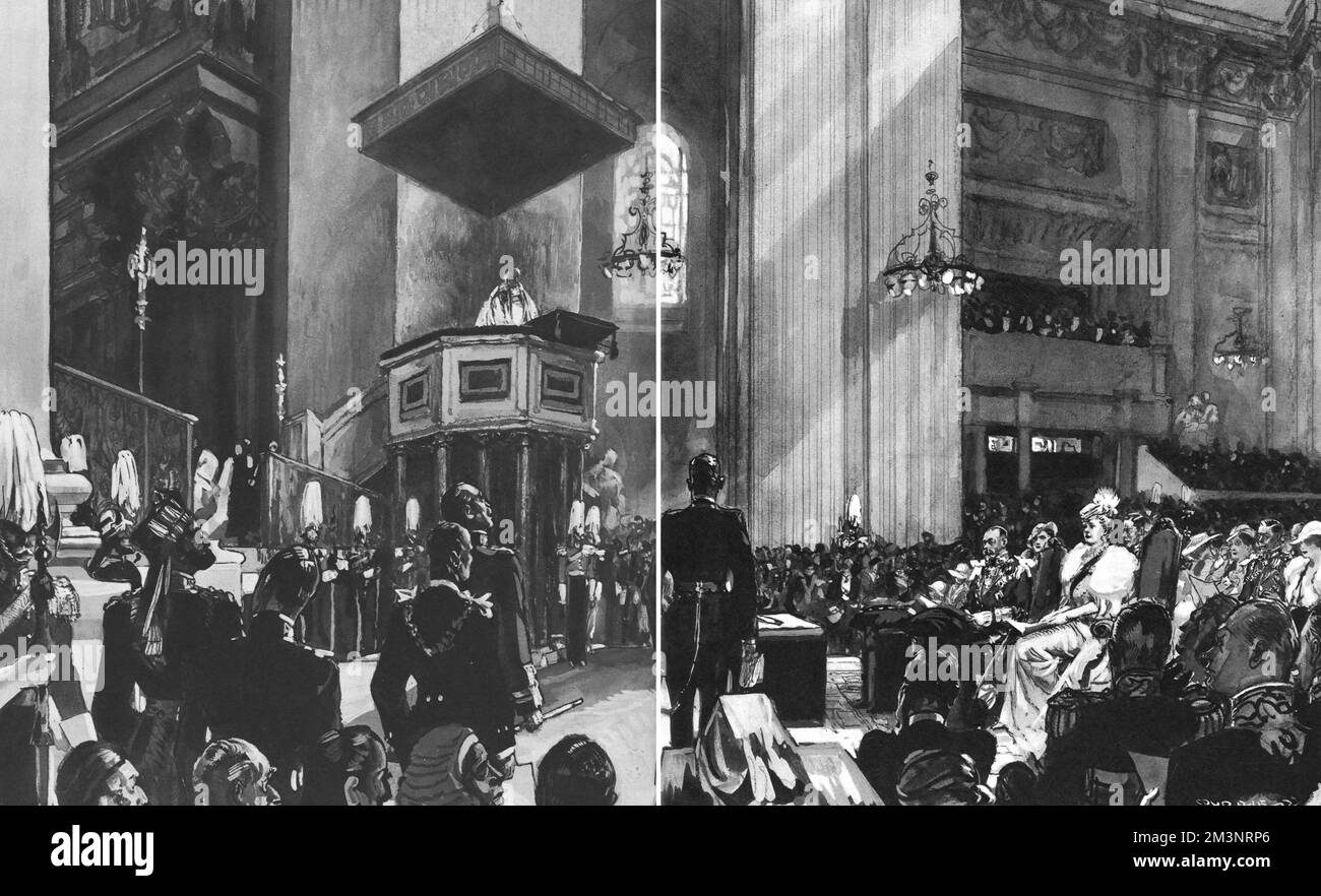 An artist's impression of King George V and Queen Mary listening to the archbishop of Canterbury's address at St Paul's cathedral during the Jubilee Service of Prayer and Thanksgiving.     Date: 1935 Stock Photo