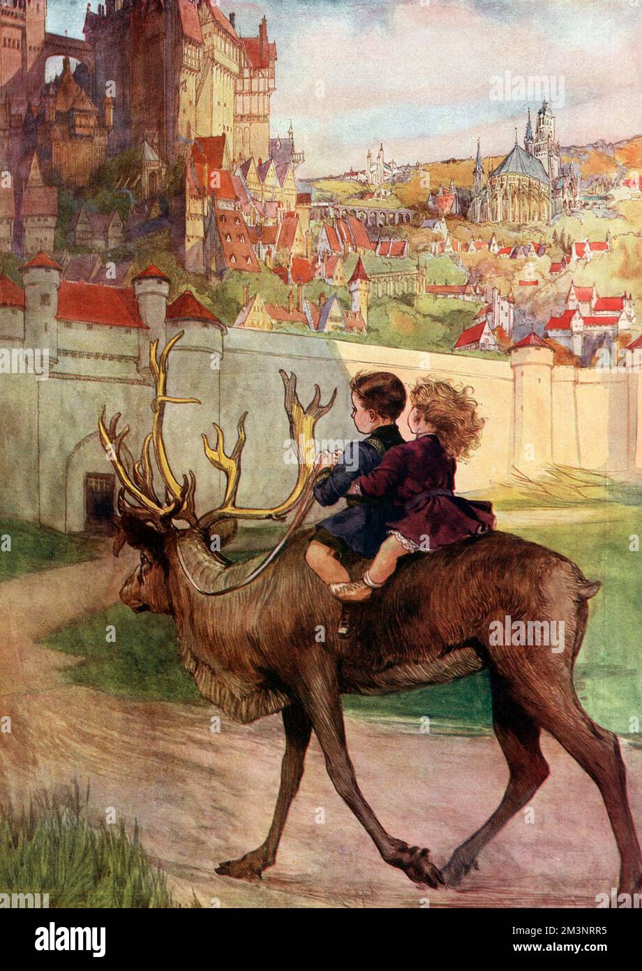 Children ride reindeer by P. A. Staynes Stock Photo - Alamy