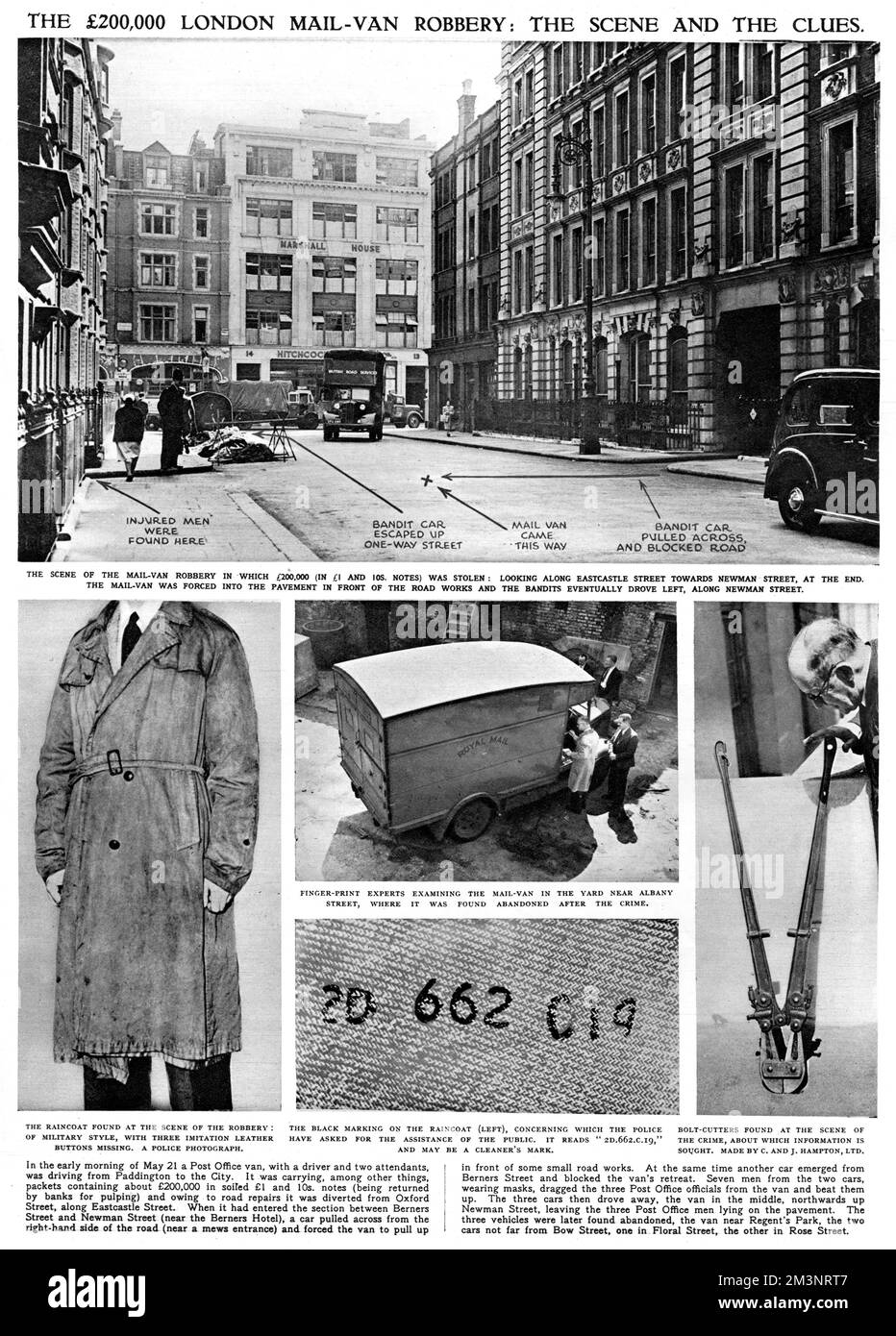 A page from the Illustrated London News, detailing the Eastcastle Street Robbery of 1952, when a Post Office van was hijacked and its contents, 200,000 in soiled notes, were stolen. The scene of the crime, the stolen mail van, the bolt cutters and raincoat found at the scene of the crime are detailed. The crime was never solved, and the money never recovered.     Date: 1952 Stock Photo