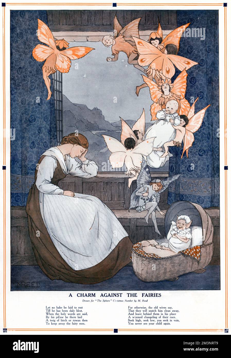 A rather alarming illustration (at least to any new parents) depicting a baby being spirited away by fairies who leave a 'wizened changeling of their race' in its place while its mother sleeps.  Fortunately, a poem below advises a prayer to bless the child before bedtime to avoid any unfortunate occurrence.       Date: 1911 Stock Photo