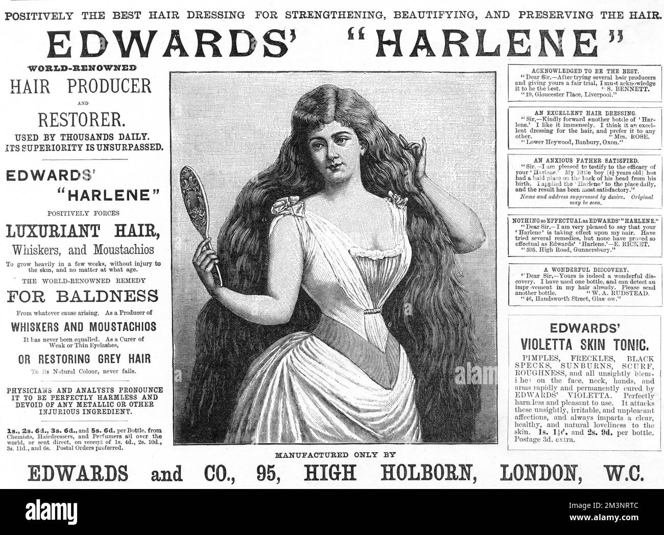 A lady admires her reflection in a hand mirror. Her luxuriant hair is thanks to Edward's Harlene for hair: &quot;positively the best hair dressing for strengthening, beautifying and preserving the hair.&quot;  1892 Stock Photo