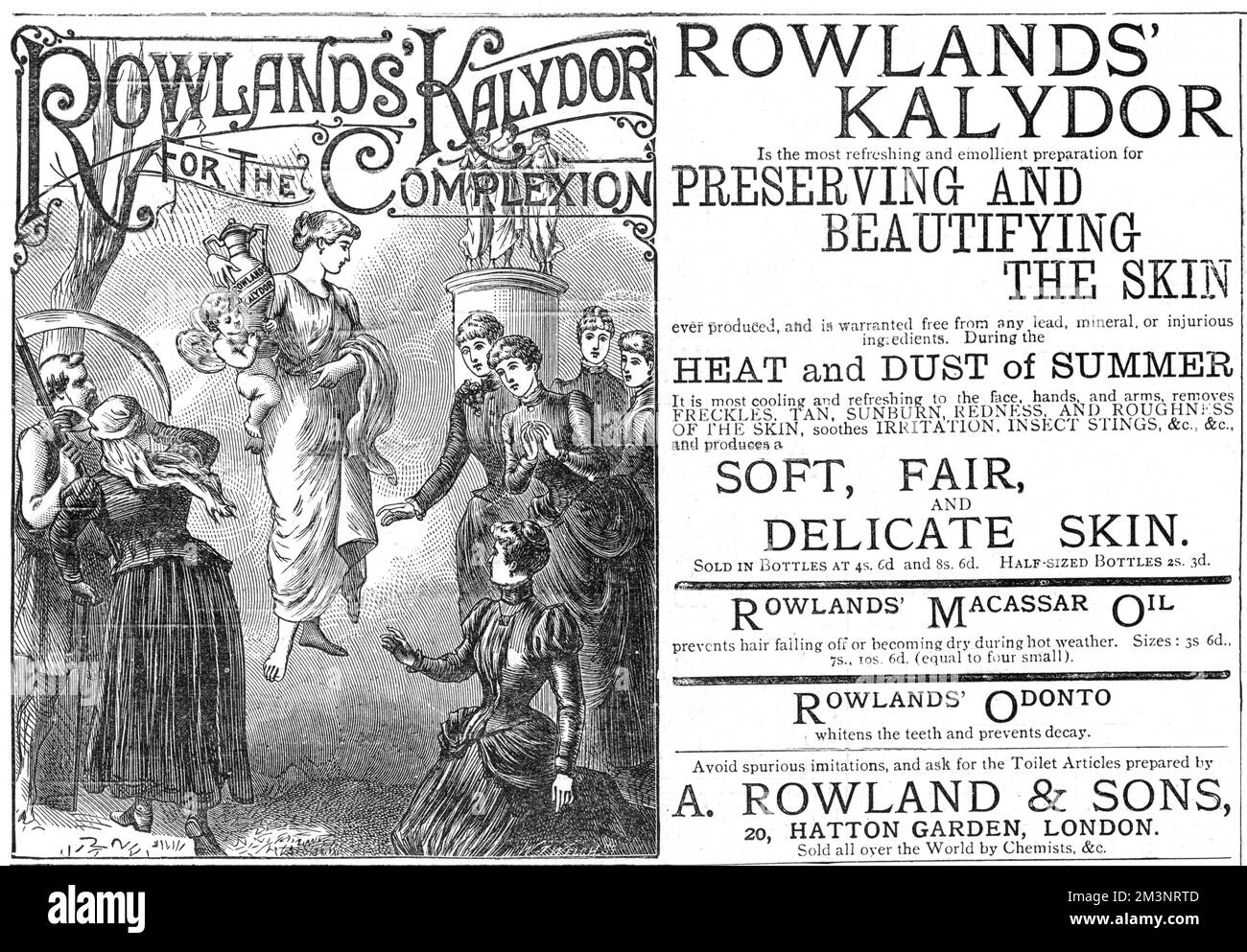 An advertisement for Rowlands' Kalydor-a most refreshing and emollient preparation for preserving and beautifying the skin. The advert is accompanied by an rather fanciful depiction of a clear-skinned beauty descending from the sky, clutching a bottle of Rowlands' Kalydor, accompanied by a cherub. Victorian young ladies look on with understandable suprise, whilst old Father Time and a personification of Age recoil in horror. Rowlands' macassar oil and Odonto tooth powder is also promoted.  1887 Stock Photo