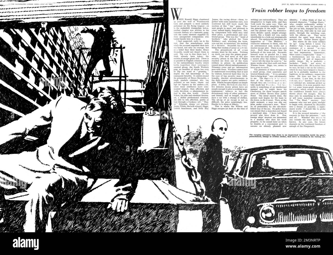 Page from The Illustrated London News, reporting on the latest episode in the Great Train Robbery saga. Ronnie Biggs and other prisoners leap to freedom over Wandsworth Gaol wall, into a waiting get away vehicle.     Date: 1965 Stock Photo