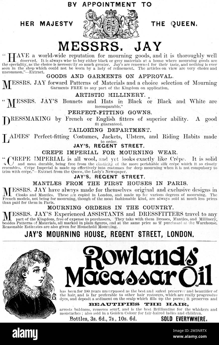 An advertisement for Jay's of London mourning warehouse, and for