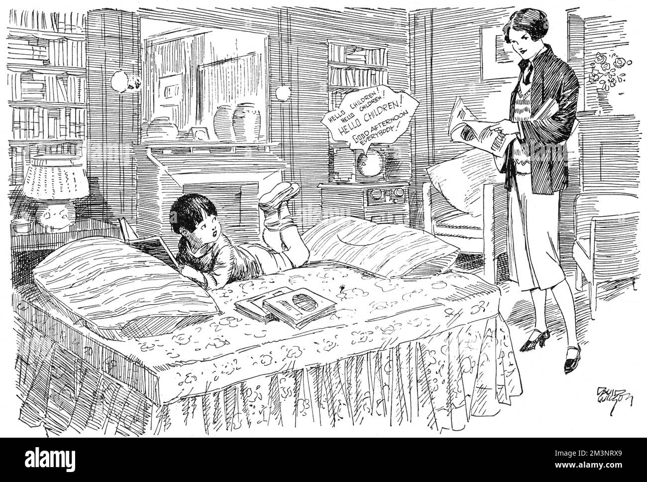Humorous cartoon showing a small, rather grown-up and intellectual boy lying on his bed reading while the radio is on and saying to his mother, 'There goes that 'Children's Hour'!  Do you mind, mother, switching it off?'.       Date: 1930 Stock Photo