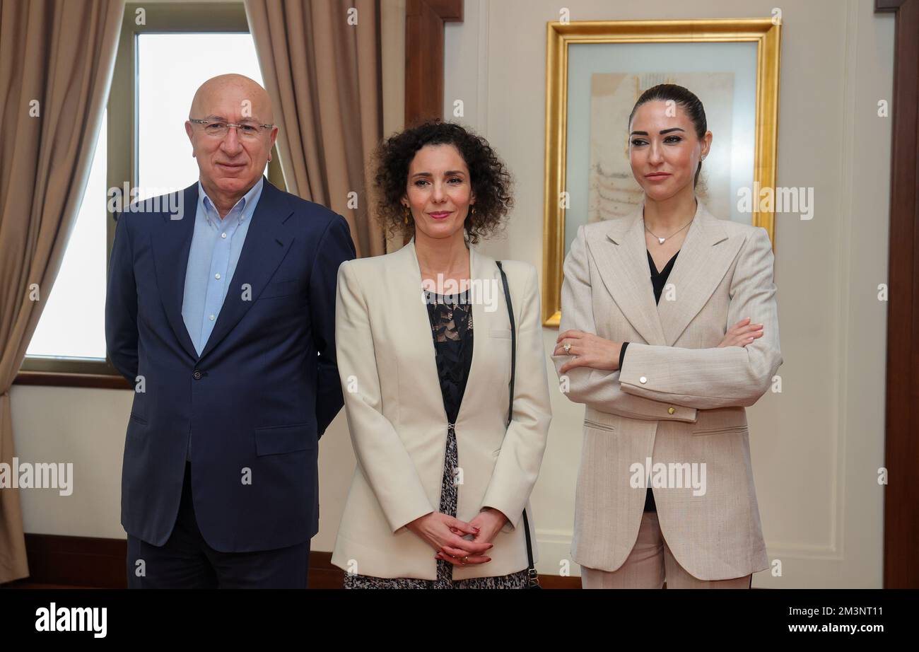 Turgay Ciner, Foreign minister Hadja Lahbib and Didem Ciner pose for the photographer before a visit to the Ciner Company on day three of a working visit of the Belgian Foreign Minister to Turkey, in Istanbul, Turkey, Friday 16 December 2022. BELGA PHOTO VIRGINIE LEFOUR Credit: Belga News Agency/Alamy Live News Stock Photo