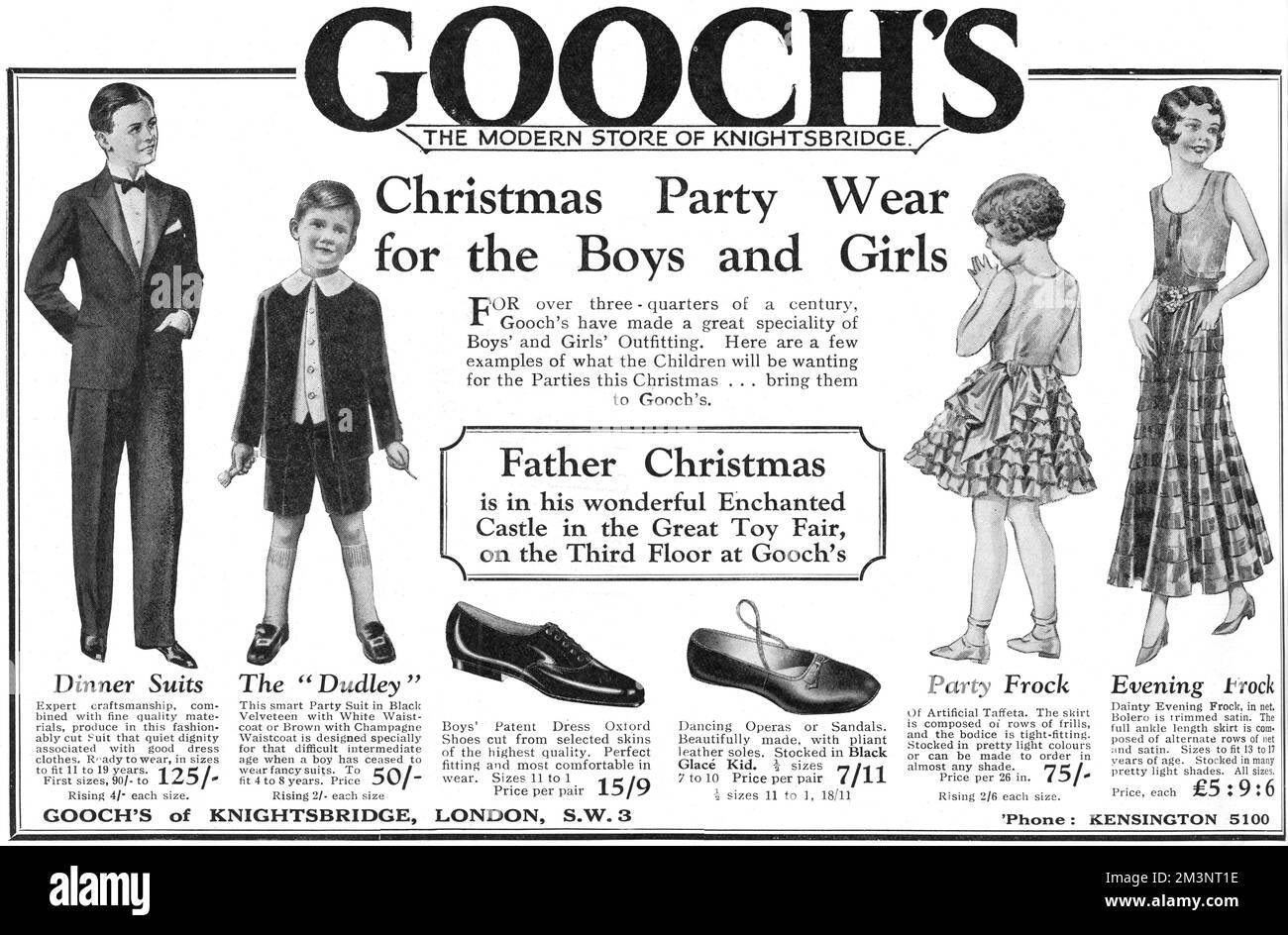 Advertisement for Gooch's of Knightsbridge featuring some Christmas party wear outfits for girls and boys, from a miniature dinner suit on the left, to a party frock of artificial taffeta.     Date: 1930 Stock Photo