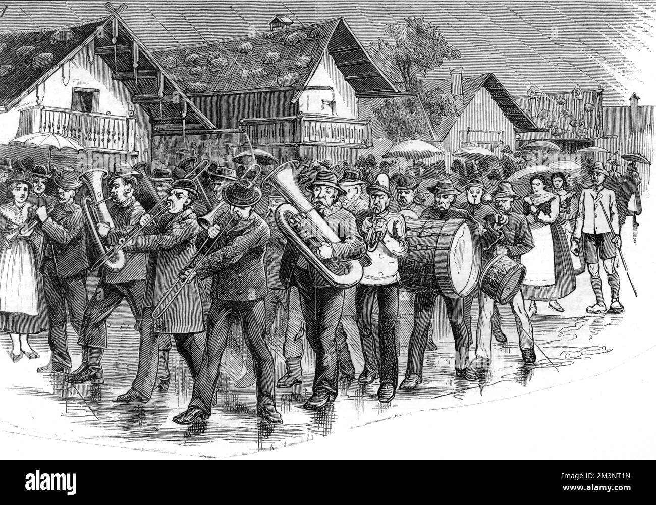 A marching band braves the rain at Oberammergau, Germany.     Date: 1880 Stock Photo