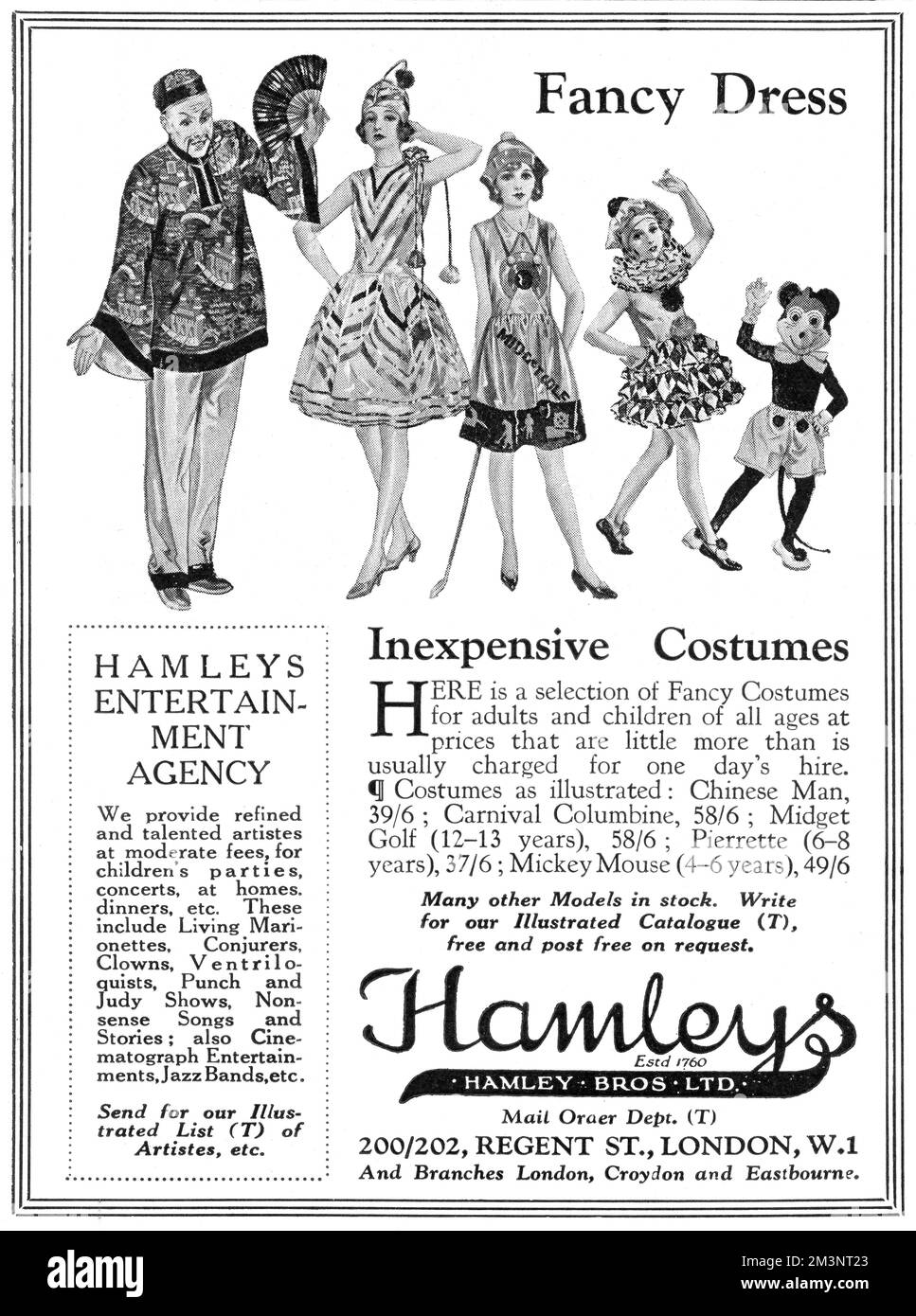 Advertisement for inexpensive fancy dress costumes available from Hamleys world-famous toy shop on Regent Street, London.  Featured costumes include a Chinaman, 'minature golf' and Micky Mouse.     Date: 1930 Stock Photo