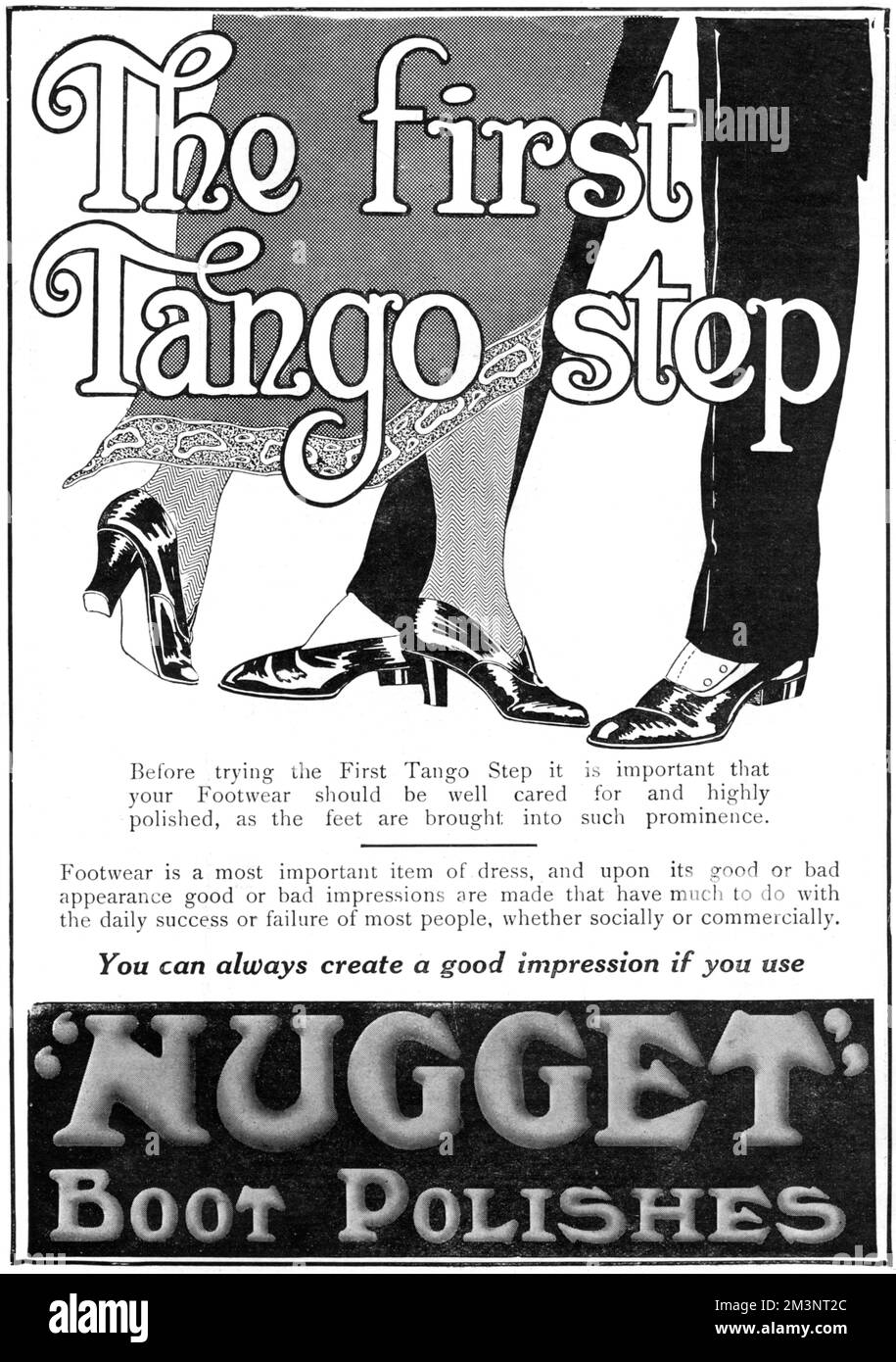 Create a good impression when dancing your first tango step: use &quot;Nugget&quot; boot polish.     Date: 1913 Stock Photo