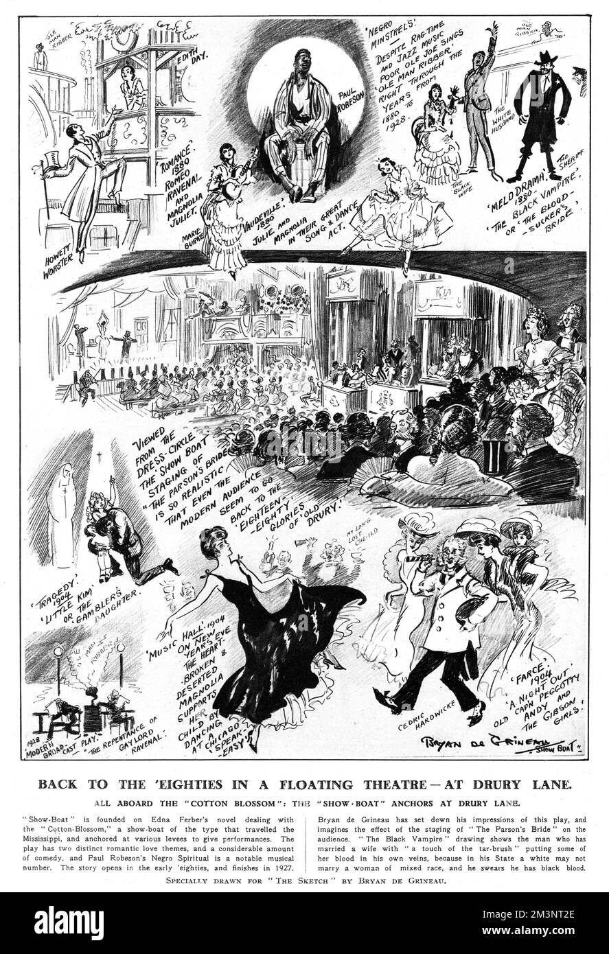 Impressions by illustrator Bryan de Grineau of the production of 'Show Boat' which opened on 3 May, 1928 at the Drury Lane theatre, London, and featured Paul Robeson in the role of Joe.     Date: May 1928 Stock Photo