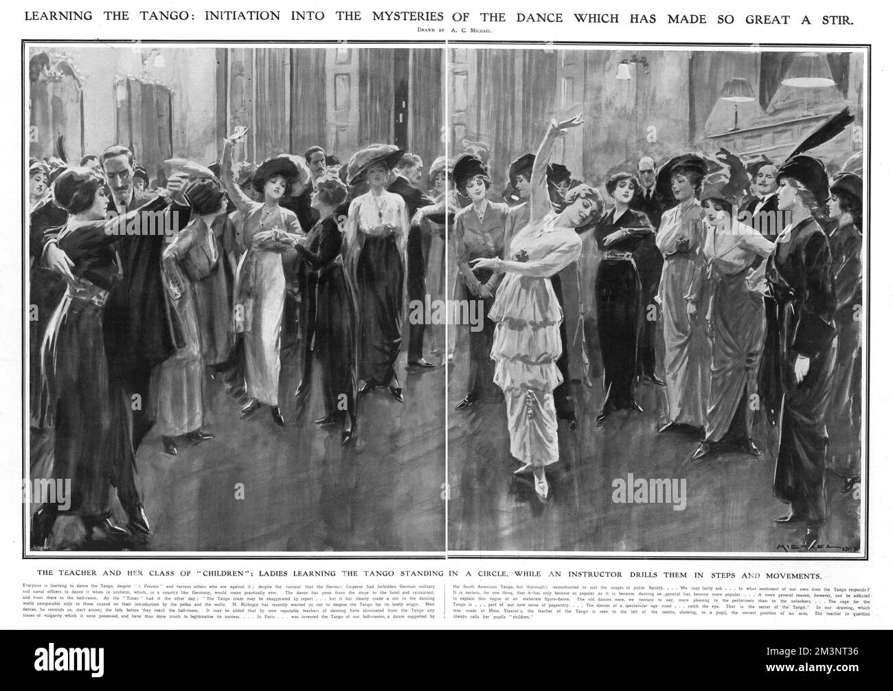 Ladies learning the tango standing in a circle, while teacher Mme Vicarni instructs and drills them in steps and movements. Here, the correct position of the arm is demonstrated.     Date: 1913 Stock Photo