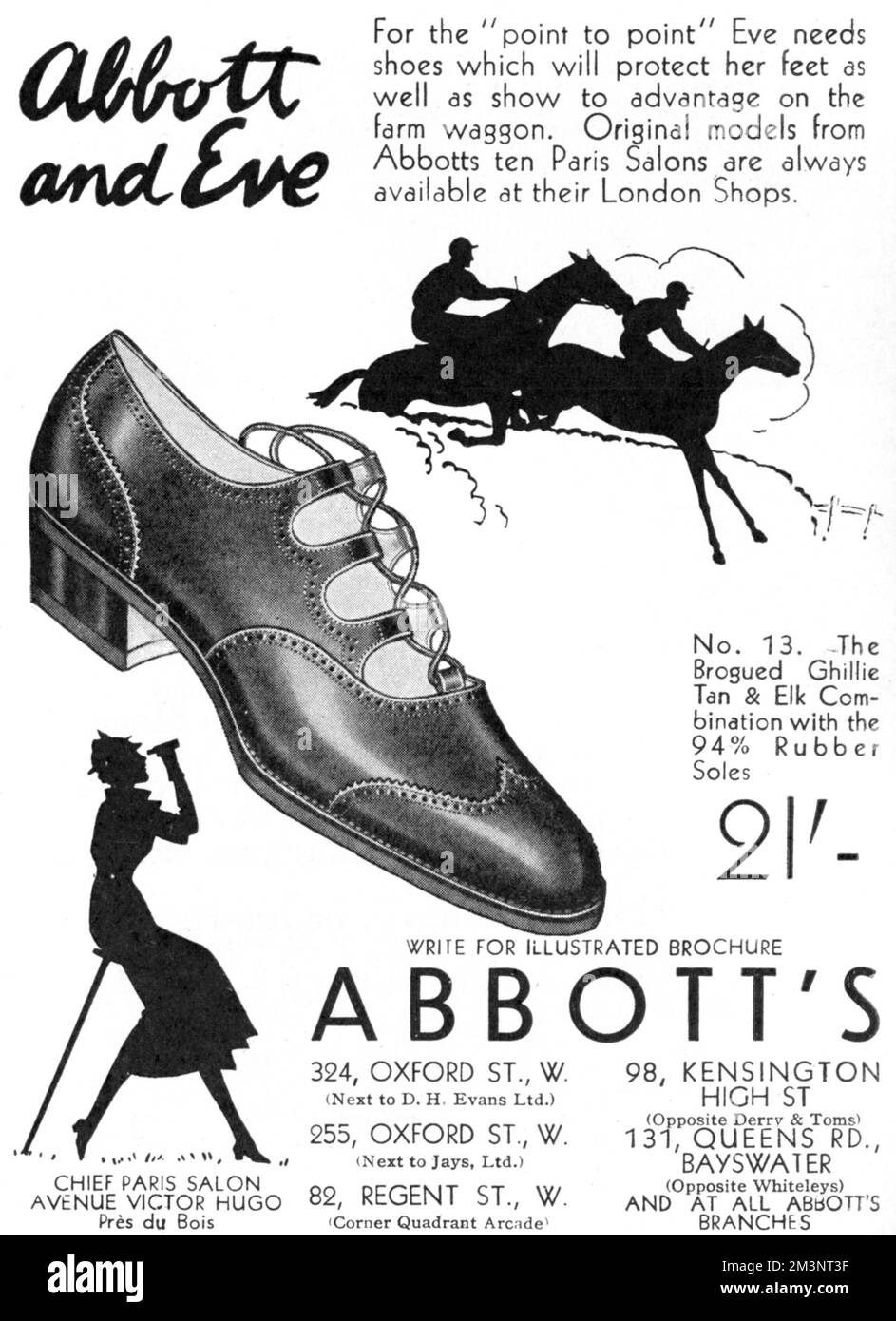 Advertisement for Abbott's shoes, ideal for protecting toes and looking stylish on ladies at point-to-point or other equestrian spectator sports.  Featuring some rather lovely silhouettes.     Date: 1935 Stock Photo