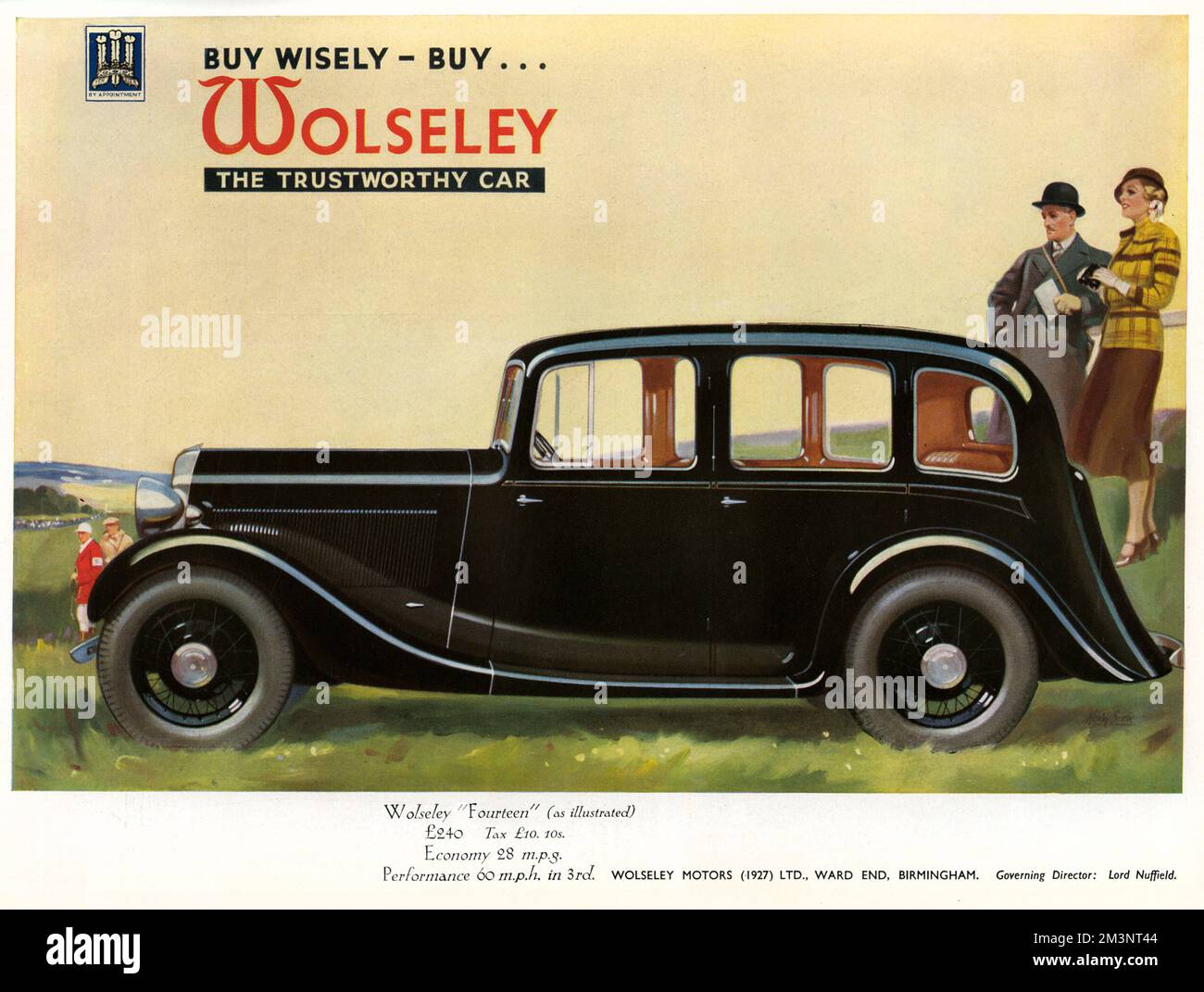 Advertisement for Wolseley cars, specifically the Fourteen, featured in the picture, available for 240.       Date: 1935 Stock Photo
