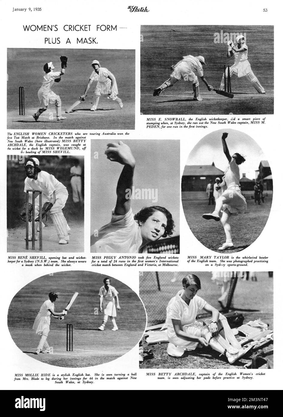 English women cricketers touring Australia in 1935.  The bottom right picture shows the England captain, Miss Betty Archdale adjusting her shin pads during practice.  Right middle shows Miss Mary Taylor, whirlwind English bowler and bottom left picture depicts Miss Mollie Hide, 'a stylish English bat' turning a ball from Mrs Blade to leg during her innings for 44 in the match against New South Wales at Sydney.  Middle picture shows Miss Peggy Antonio who took five English wickets for a total of 24 runs in the first women's International cricket match between England and Victoria, at Melbour Stock Photo
