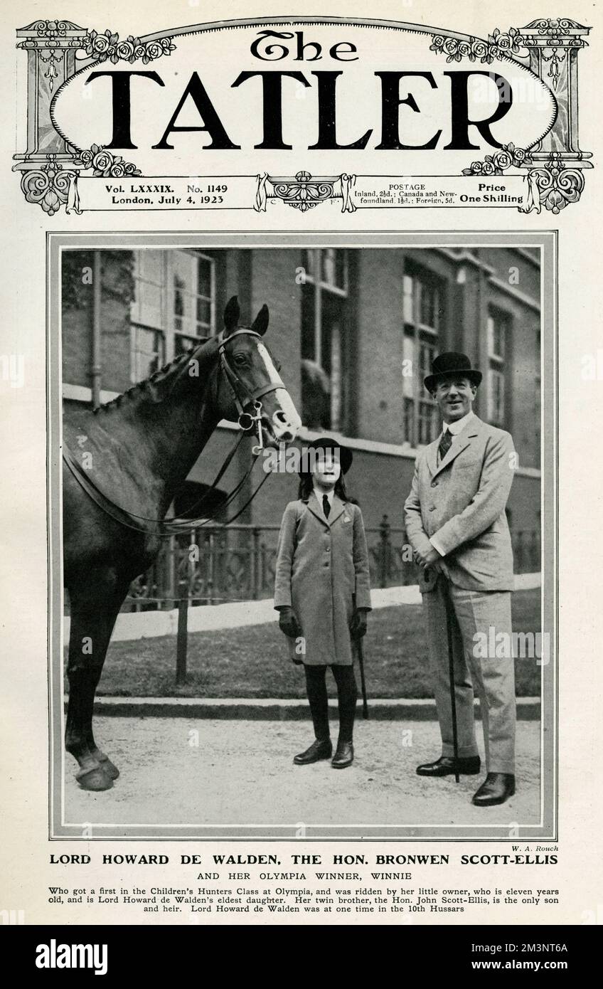 Lord Howard de Walden (1880-1946) pictured with his eldest daughter The Hon. Bonwen Scott-Ellis and her Olympia Children's Hunter Class winning horse, Winnie.     Date: 1923 Stock Photo