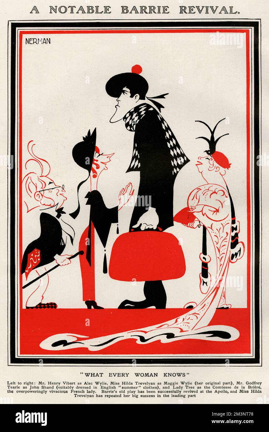Einar Nerman's (1888-1983) artistic and vibrant depiction of the Play 'What Every Woman Knows'  - at The Apollo Theatre, London  (from left to right) Mr Henry Vibart as Alec Wilye, Miss Hilda Trevelyan as Maggie Wilye, Mr M Godfrey Tearle as John Shand and Lady Tree as the Comtesse De La Briere.  1923 Stock Photo
