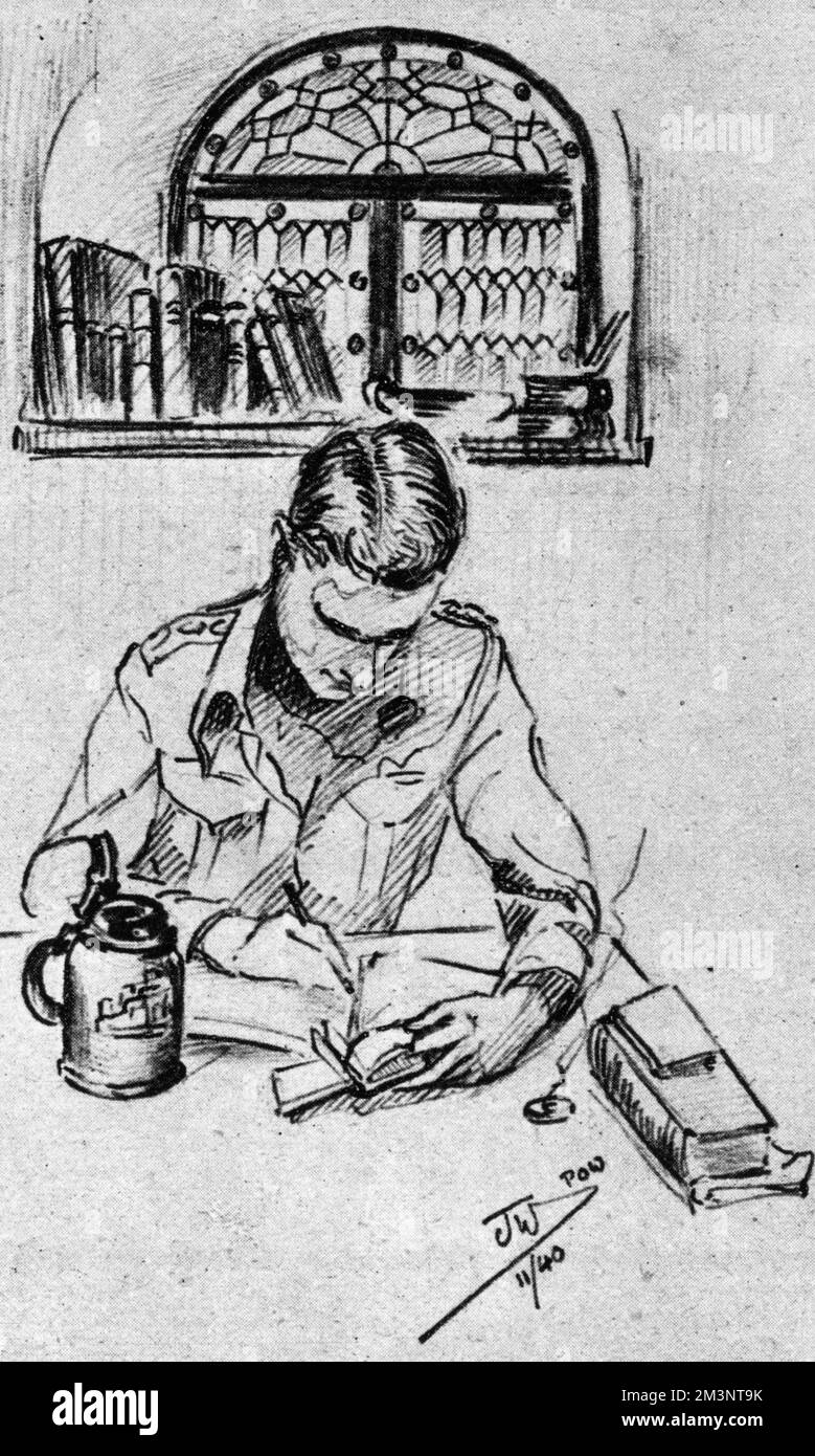 Padre's room in a British prisoner of war camp during World War Two. The sketch was made in Stalag XXI D in Posen, Poland, by Lieutenant J F Watton of the 4th Border Regiment who was captured near the Somme in June 1940. The sketch was passed by the German censor before bing reproduced in The Illustrated London News.     Date: 1941 Stock Photo
