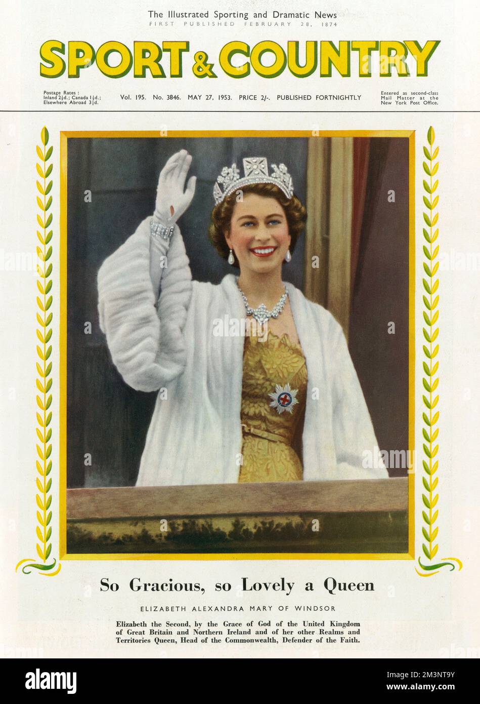 Queen Elizabeth II pictured waving from a balcony, wearing the famous George IV state diadem and a white fur coat, around the time of her Coronation.       Date: 1953 Stock Photo