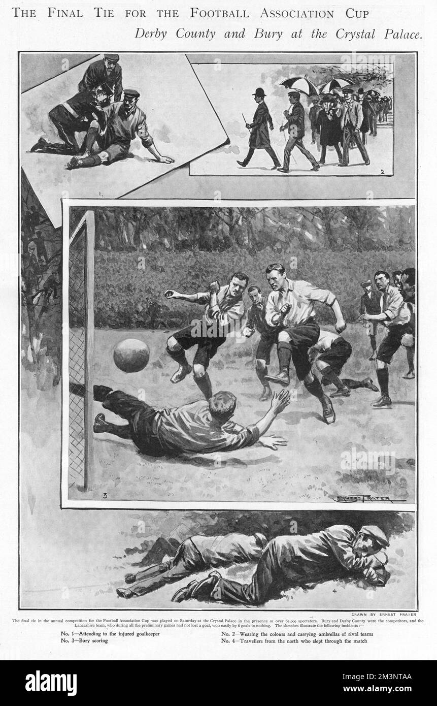 The Football Association Cup Final at the Crystal Palace, where Bury beat Derby County by six goals to nil in the presence of over 63,000 spectators. Sketches here by Ernest Prater show an injured goal keeper being attended to, football supporters wearing their team colours and carrying umbrellas, Bury scoring a goal and travellers from the north who slept through the match.     Date: April 25th 1903 Stock Photo