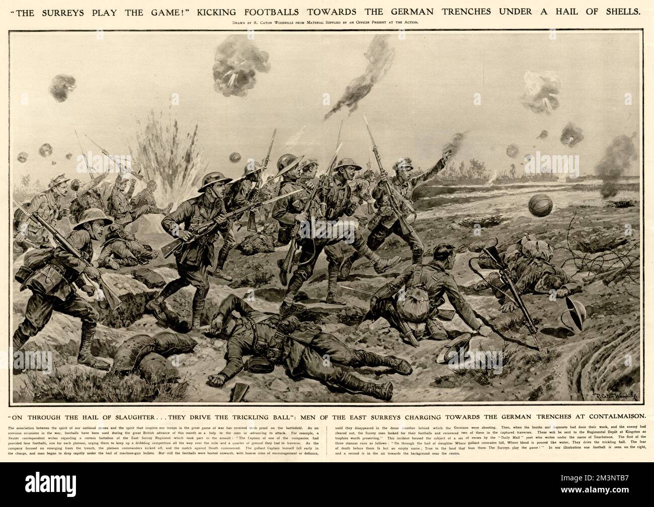 'The Surreys play the game!' Kicking footballs towards the German trenches under a hail of shells during World War One. Men of the East Surreys charging towards the enemy at Contalmaison, France.Drawn by R. Caton Woodville from material supplied by an officer present at the action.     Date: 1916 Stock Photo