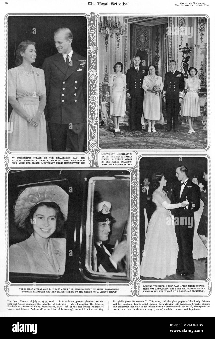 Page from the Illustrated London News Coronation Number featuring photographs recording  the engagement of Princess Elizabeth and Lieutenant Philip Mountbatten in 1947.     Date: 1947 Stock Photo