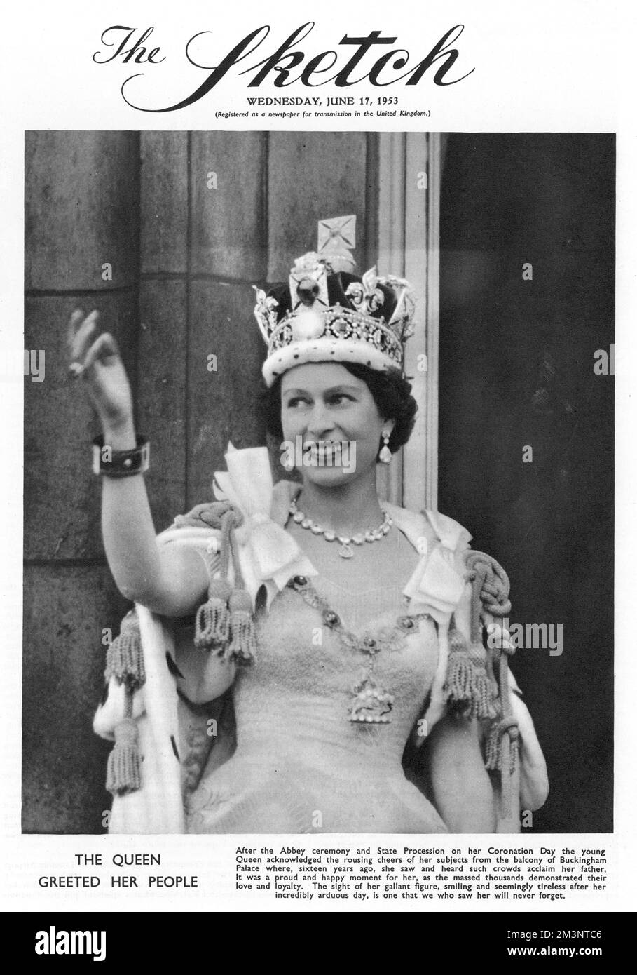 Queen Elizabeth II wearing the Imperial State Crown, waves to crowds from the balcony of the Buckingham Palace following her Coronation at Westminster Abbey on 2nd June 1953.     Date: 1953 Stock Photo