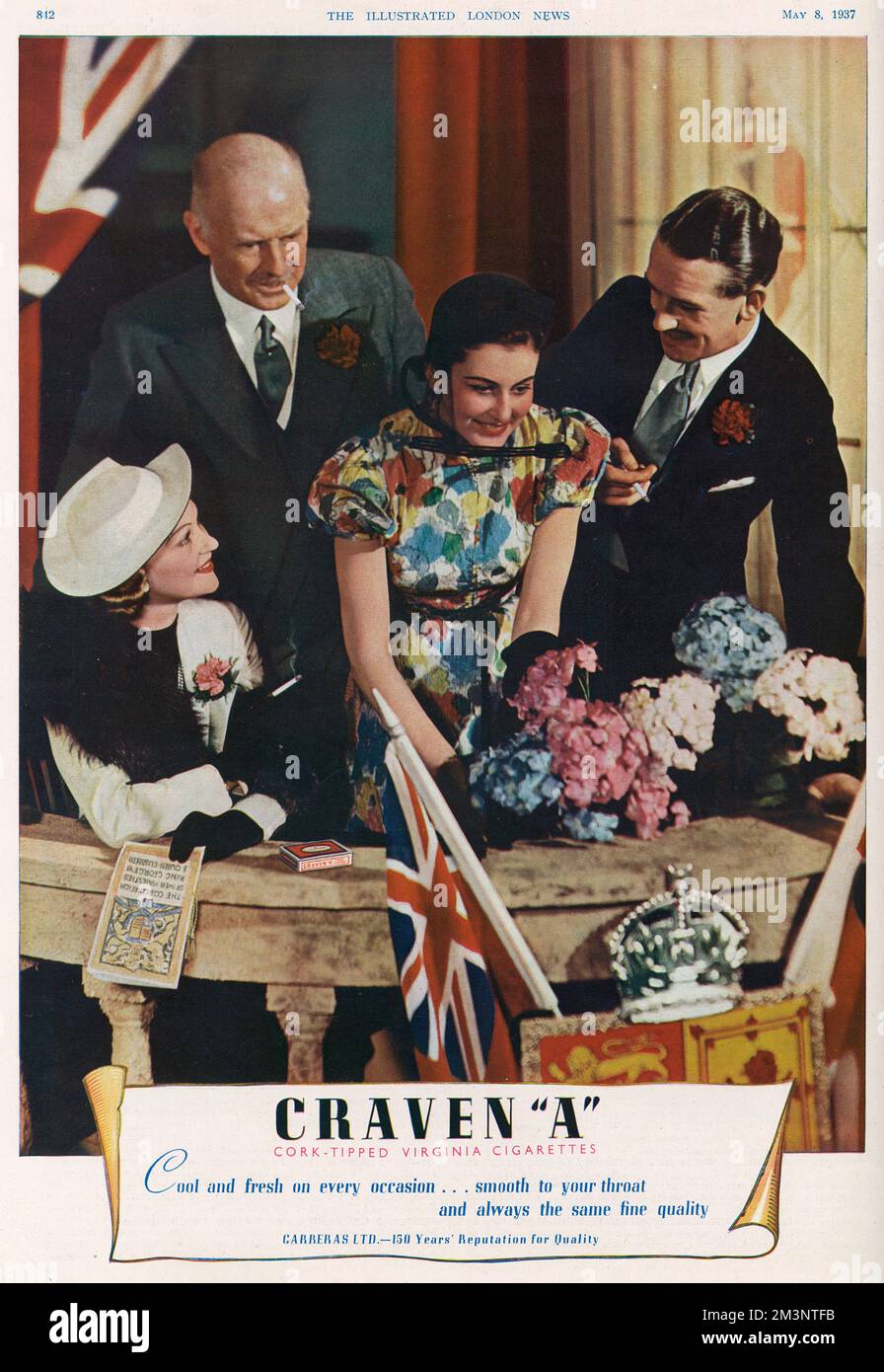 Advertisement for Craven A cigarettes in the Coronation number of the Illustrated London News showing a group of well-dressed spectators with a prime balcony position, enjoying a smoke while watching the Coronation procession pass by.       Date: 1937 Stock Photo