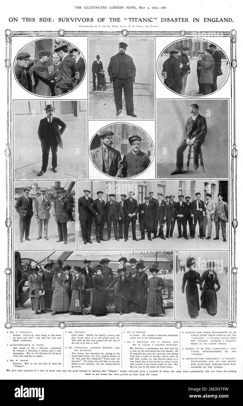 Various photographs of Titanic survivors, including Mr G. Pregnall, Quartermaster W. Wynn, Mr W. Major, Mr Joughin, Mr Threlfall, Mr Gough, Mr. F. Prentice, Mr E. Brown, Mr. W. Lucas and Mrs Slocumbe.     Date: 1912 Stock Photo