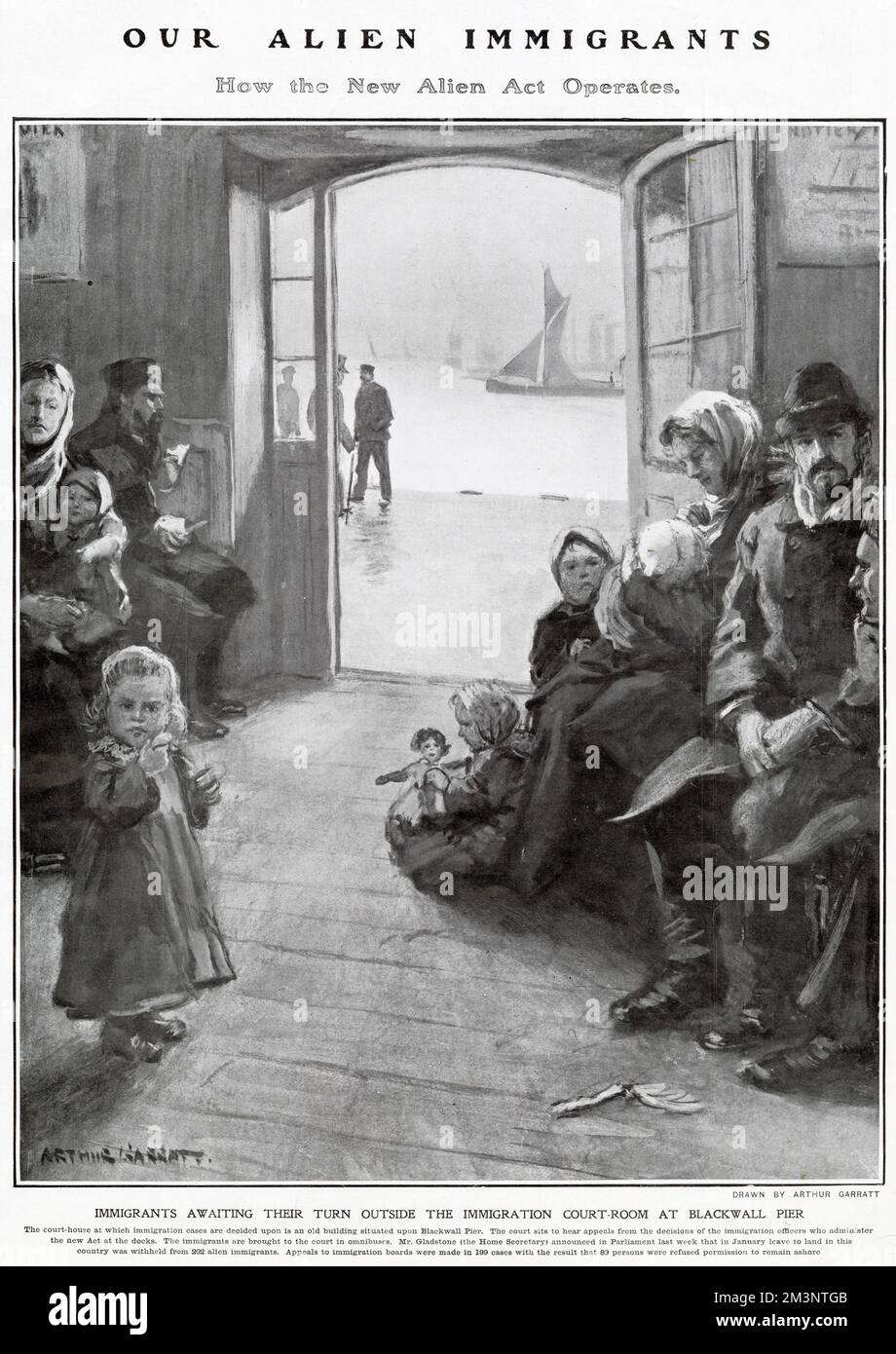 The Immigration Act of 1906 was the first legal mechanism for enforcing a policy of selective categories of prohibited immigrants and it put into law the right of the government to deport undesirables. Drawing showing immigrate families at a court-house at Blackwall Pier, East India Docks, appealing to remain in Britain. Stock Photo