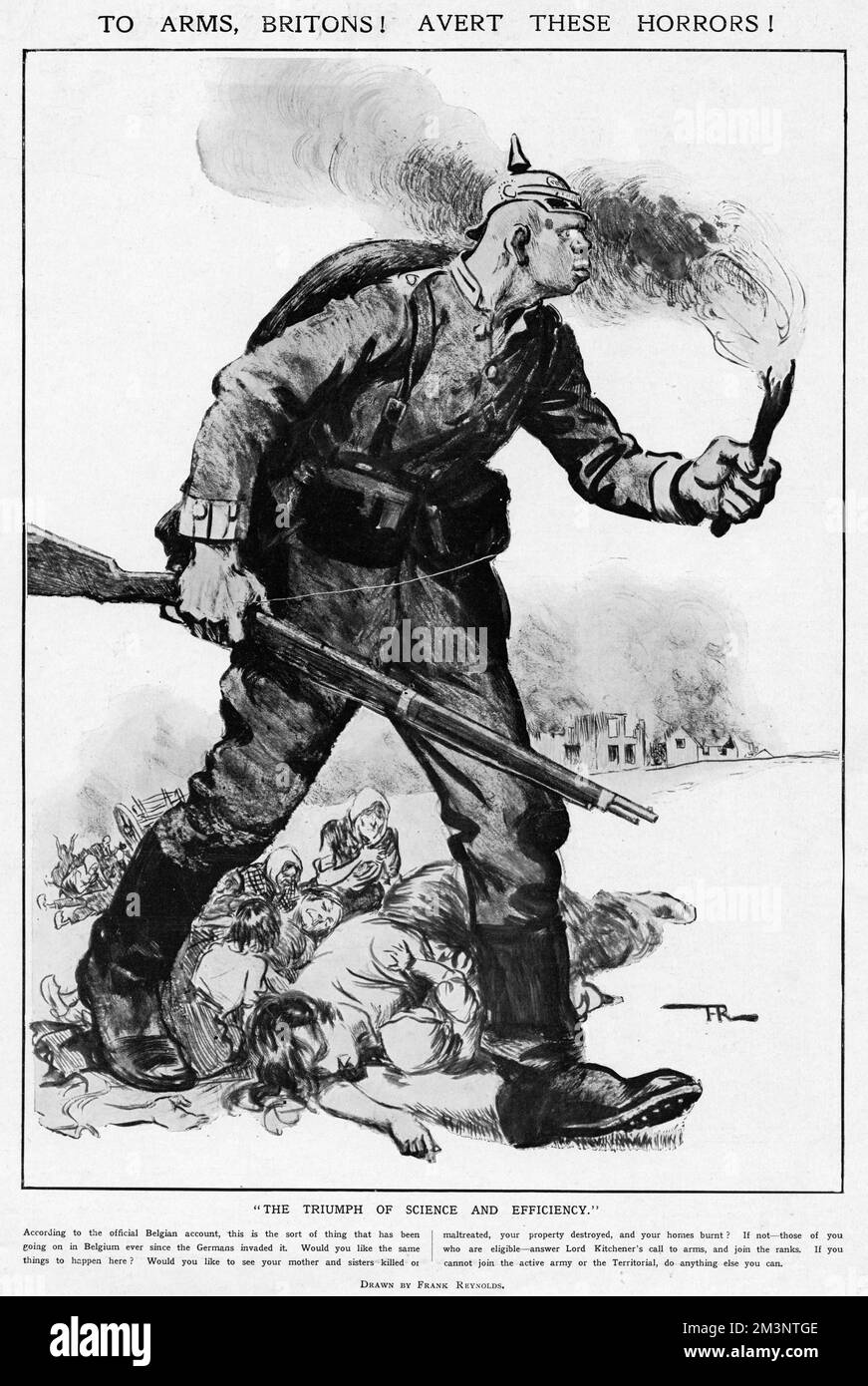 &quot;Arms, Britons! Avert These Horrors: The Triumph of Science and Efficiency.&quot;    A typical propagandist reminder to the British of what they were fighting for, this brutish German soldier, half-ogre, trampling innocent Belgian women and children underfoot, pulls no punches, although its savageness is unusual for &quot;The Sketch&quot;. The caption asks, &quot;Would you like the same things to happen here? Would you like to see your mother and sisters killed or maltreated your property destroyed and your homes burnt? If not -those of you who are eligible -answer Lord Kitchener's call t Stock Photo