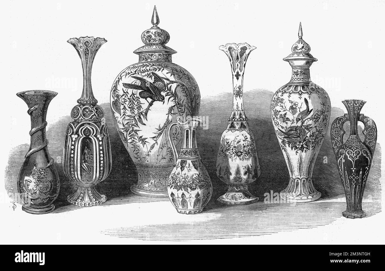 A display of fancy Bohemian coloured glass on display at the Great Exhibition in 1851.       Date: 1851 Stock Photo