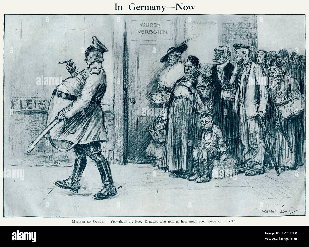 'In Germany -Now'  Caption: Member of the queue: &quot;Yes -that's the Food Dictator who tells us how much we've got to eat&quot;  By 1917, the German population was beginning to feel the pinch. Whereas the British had managed to survive the U-boat blockade by organising their merchant fleet into convoys, the Allied blockade of Germany had been ruthlessly effective, and the country came close to starvation. The situation was no better for the German army when no meat or fresh produce was available. Hunger in Germany was certainly a deciding factor in the eventual Allied victory and this Stock Photo