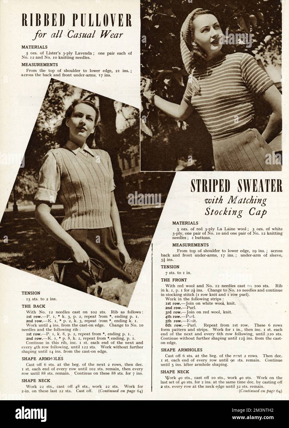A 1940s knitting pattern providing instructions on how to make a bibbed pullover and striped sweater with matching stocking cap.  With the onset of World War Two and the introduction of rationing, many chose to knit their own clothes as a cheaper alternative.  1945 Stock Photo
