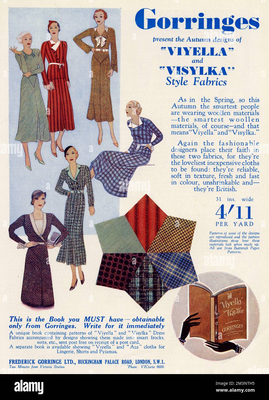 Advertisement for Gorringes pattern book containing 'viyella' and 'visylka' dress fabrics.   1932 Stock Photo