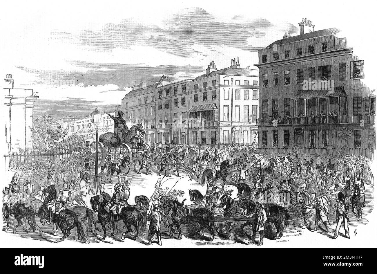 The grand procession of the great equestrian statue of the Duke of Wellington astride his horse Copenhagen, as the bronze statue by Matthew Cotes Wyatt which was the largest in Britain when it was unveiled in 1846, is pulled by a team of horses to Hyde Park Corner for installation atop the Wellington or Constitution Arch. Here the procession makes its way down Park Lane.  1846 Stock Photo