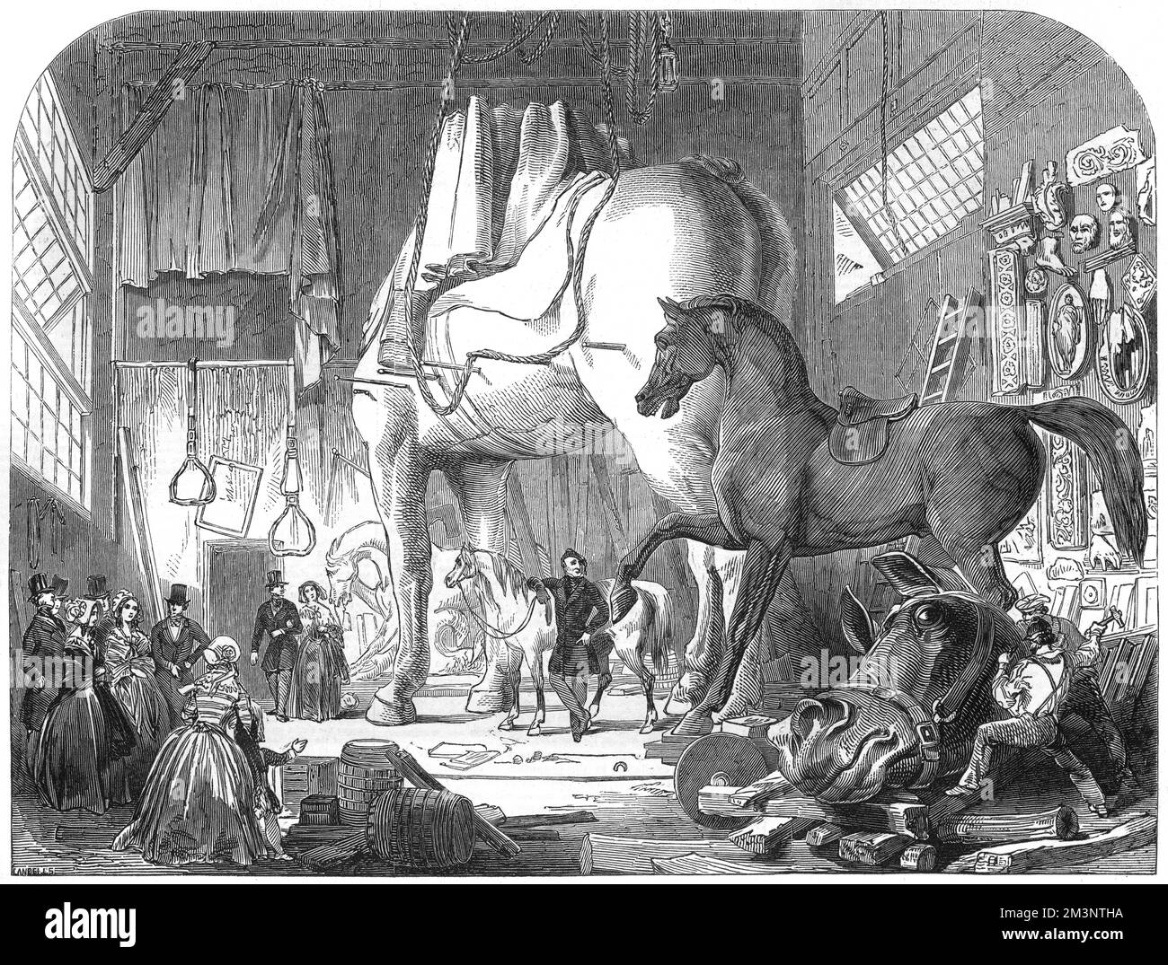 The atelier at Dudley Grove House in the Harrow Road, of Matthew Cotes Wyatt, the sculptor who created the equestrian statue of the Duke of Wellington astride his horse Copenhagen now in Aldershot but originally unveiled at Hyde Park Corner in 1846, models for which can be seen in this engraving.  1846 Stock Photo