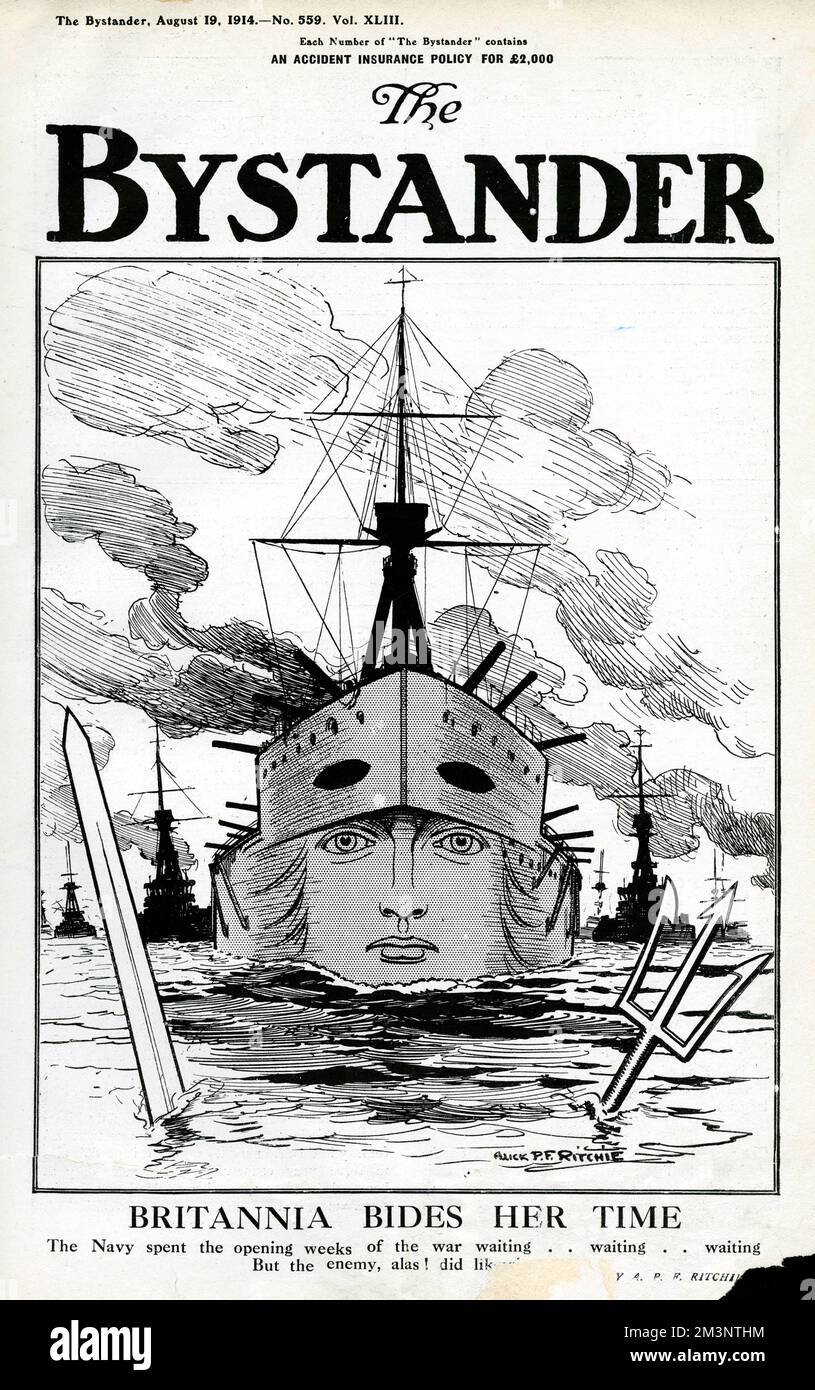 &quot;Britiannia Bides Her Time.&quot;, Alick P. F. ritchie, The Bystander front cover, 19th August 1914.     In 1914, Britannia really did rule the waves, and it was widely expected that the outcome of any forthcoming conflict would be decided at sea. But like so many aspects of the war, the reality did not comply with expectations. An editorial in &quot;The Graphic&quot; confirmed British confidence in her naval superiority, commenting on the absence of incident in the early weeks as &quot;...a very striking tribute to the adequacy and efficacy of the British navy... At any instant we must b Stock Photo