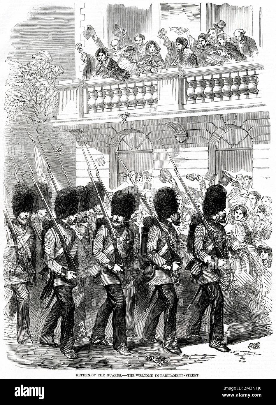 The return of the Guards from the Crimean War: the welcome in Parliament Street, London, where bouquets of flowers were thrown.     Date: 1856 Stock Photo