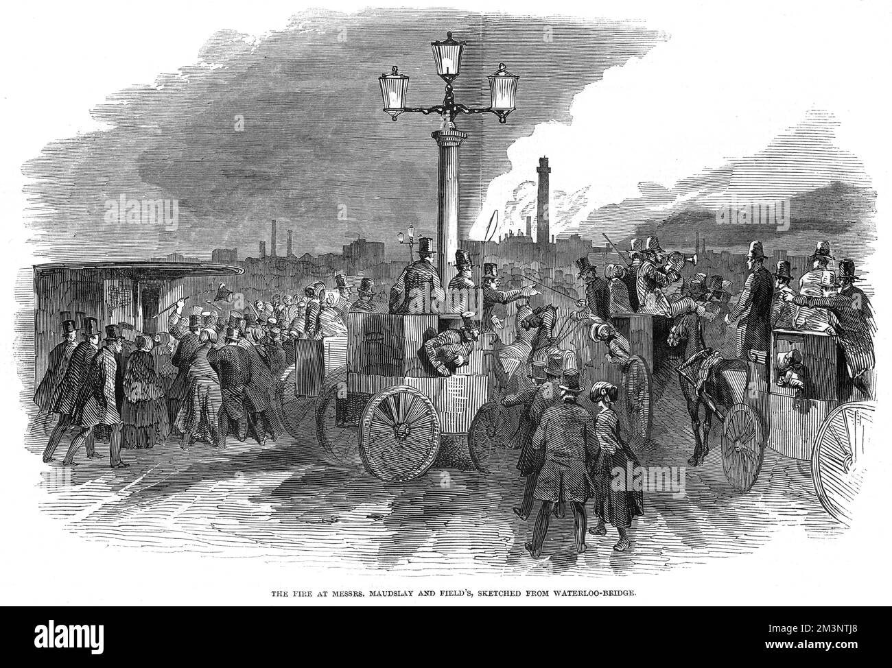 Spectators on Waterloo Bridge watching the fire that had broken out on the premises of Messrs. Maudslay and Field, the engineers, in the Westminster Road, London. &quot;The flames had a terrific appearance, and were seen for miles.&quot;  1847 Stock Photo
