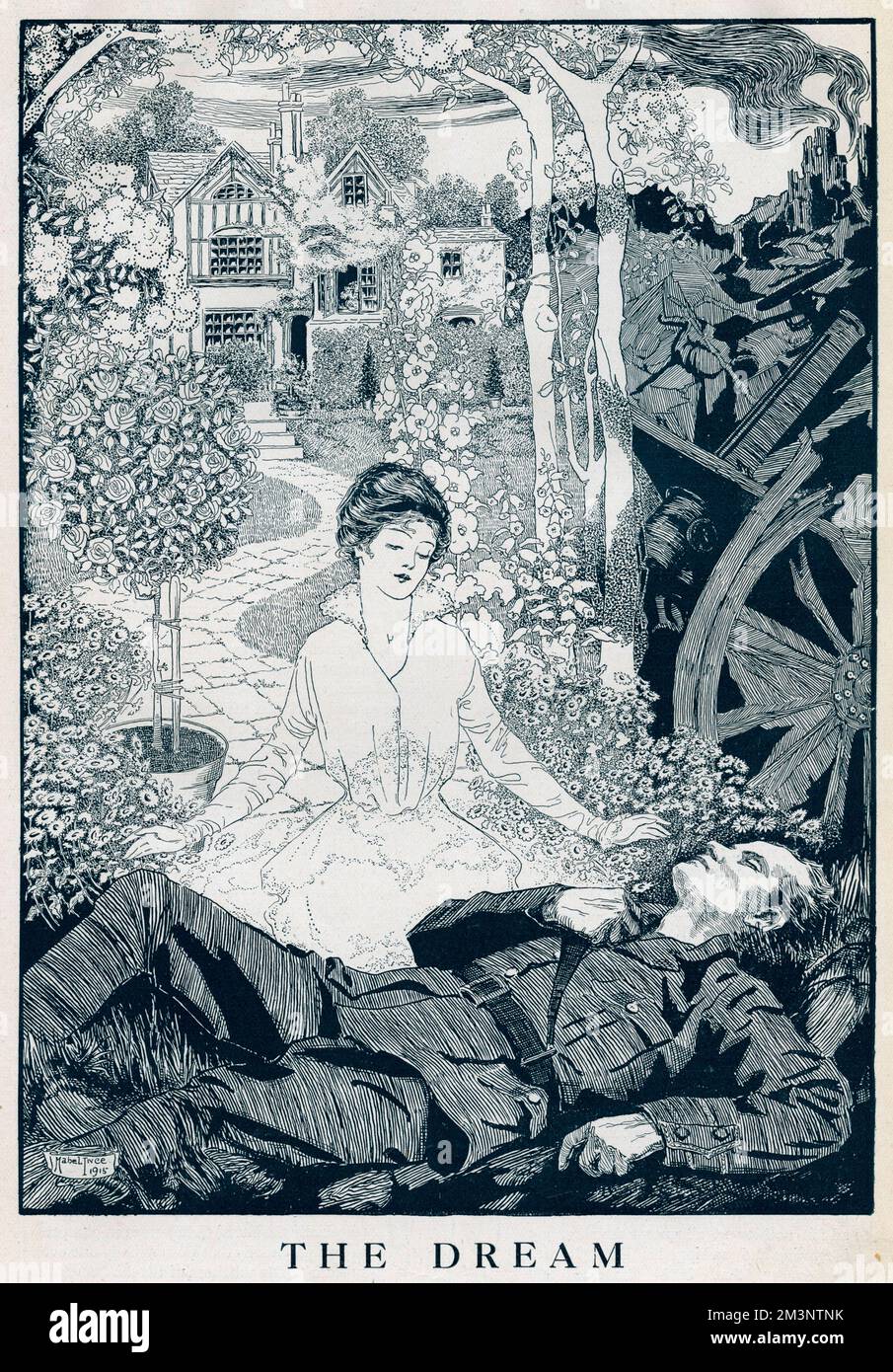 &quot;The Dream&quot;  A typical English country garden, timbered house and a saintly sweetheart inhabit the dreams of this slumbering soldier. Mabel Ince's style is prettily decorative, in the traditions of charles Robinson. Her talents extended beyond illustration, and she was the author of romantic novels whose titles imitate the dreamy romance of her picture - The Wisom of Waiting and Commonplace and Clementine, published in 1912 and 1913 respectively.   1915 Stock Photo