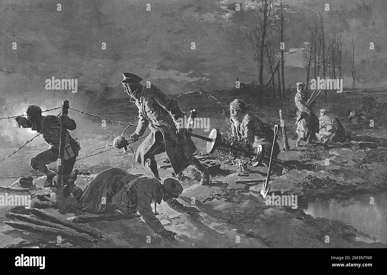 &quot;In No Man's Land: The Dread Territory Which Belongs to Neither German nor Briton&quot;    Royal engineers, working in the dark of No Man's Land to construct barbed wire barriers in front of British trenches, are exposed by German magnesium flares, giving this illustration a Caravaggioesque quality. Such work was extremely risky, or &quot;nervy&quot;, as one Royal Engineer described it to The Times. He went on to say, &quot;..it is done in the open and out of the kindly cover afforded by a trench... fortunate indeed is the working party if the enemy does not hear the sound of the picket b Stock Photo