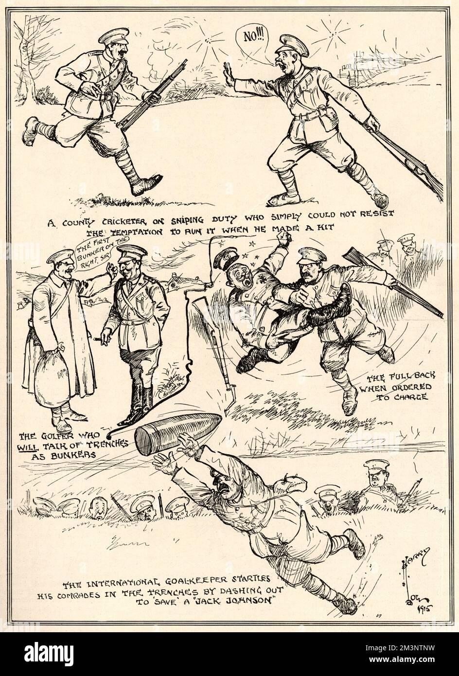 &quot;Libellous? - With a sporting battalion at the front: Highly imaginative drawings&quot;    The over-enthusiasm of Harry Low's sporting battalion certainly raises a smile. There were many such battalions, including the 1st Football Battalion (aka 17/Middlesex) and the Sportsmen's Battalion (23/Royal Fusiliers), which included two England cricketers as well as the country's lightweight boxing champion. Despite the mocking tone of this cartoon, the British greatly admired sporting ability and substantial coverage was often given to the many talented sportsmen who lost their lives, such as An Stock Photo