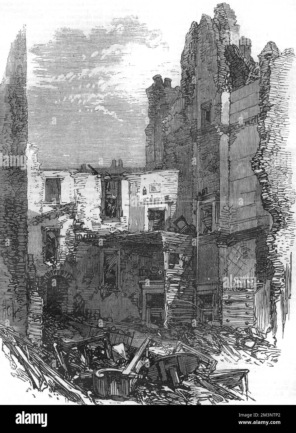 Damaged houses and buildings in Corporation Lane, east London, caused by the explosion at Clerkenwell Prison which was an attempt to free two Fenian prisoners, Burke and Casey.     Date: 1867 Stock Photo