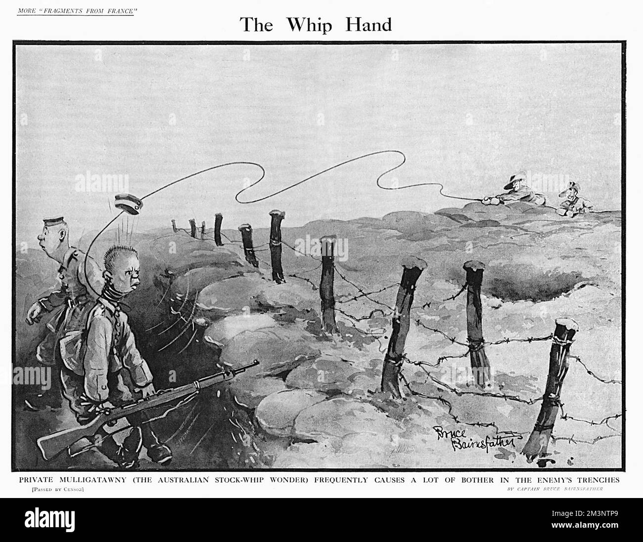 'The Whip Hand'    'Private Mulligatawny (the Australian stock-whip wonder) frequently causes a lot of bother in the enemy's trenches'    Bruce Bairnsfather's &quot;stock whip&quot; cartoon sums up the practical, self-reliant, rough and ready boldness associated with the Aussies. Most Anzac troops were deployed in the Middle East, and of course at Gallipoli, before being sent to the Western Front in 1916 (the time of this picture). the Australians were no walkover, and many felt bitterly let down by what they considered the badly judged British command and the resultant poorly organised Britis Stock Photo