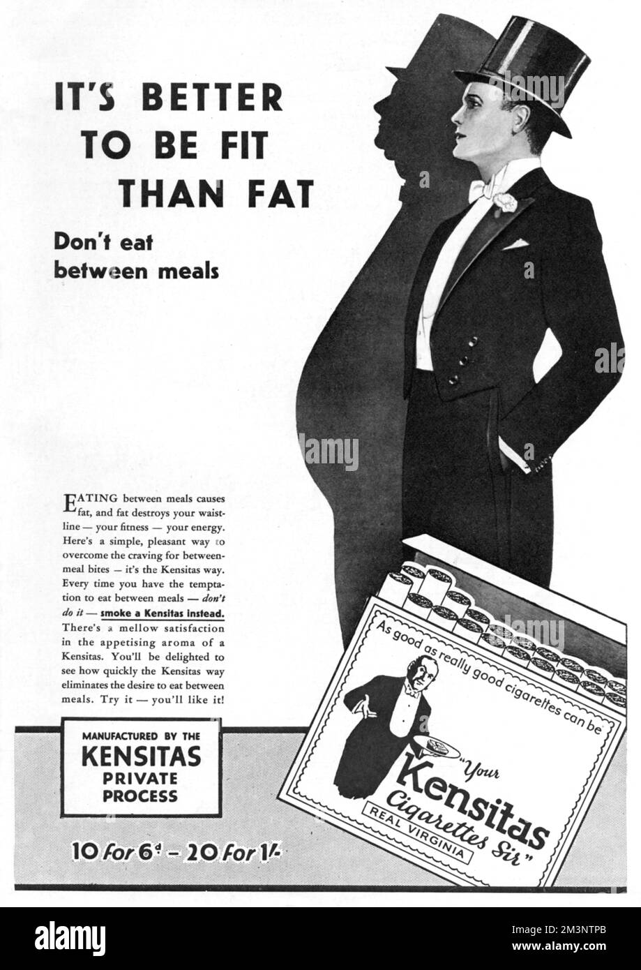 'It's better to be fit than fat' Kensitas Cigarettes marketed as a appetite suppressant in 1929, recommending substituting snacks between meals with a cigarette instead. A bright young thing is shown to be a shadow his former self: the result of too much snacking, and not enough smoking.     Date: 1929 Stock Photo