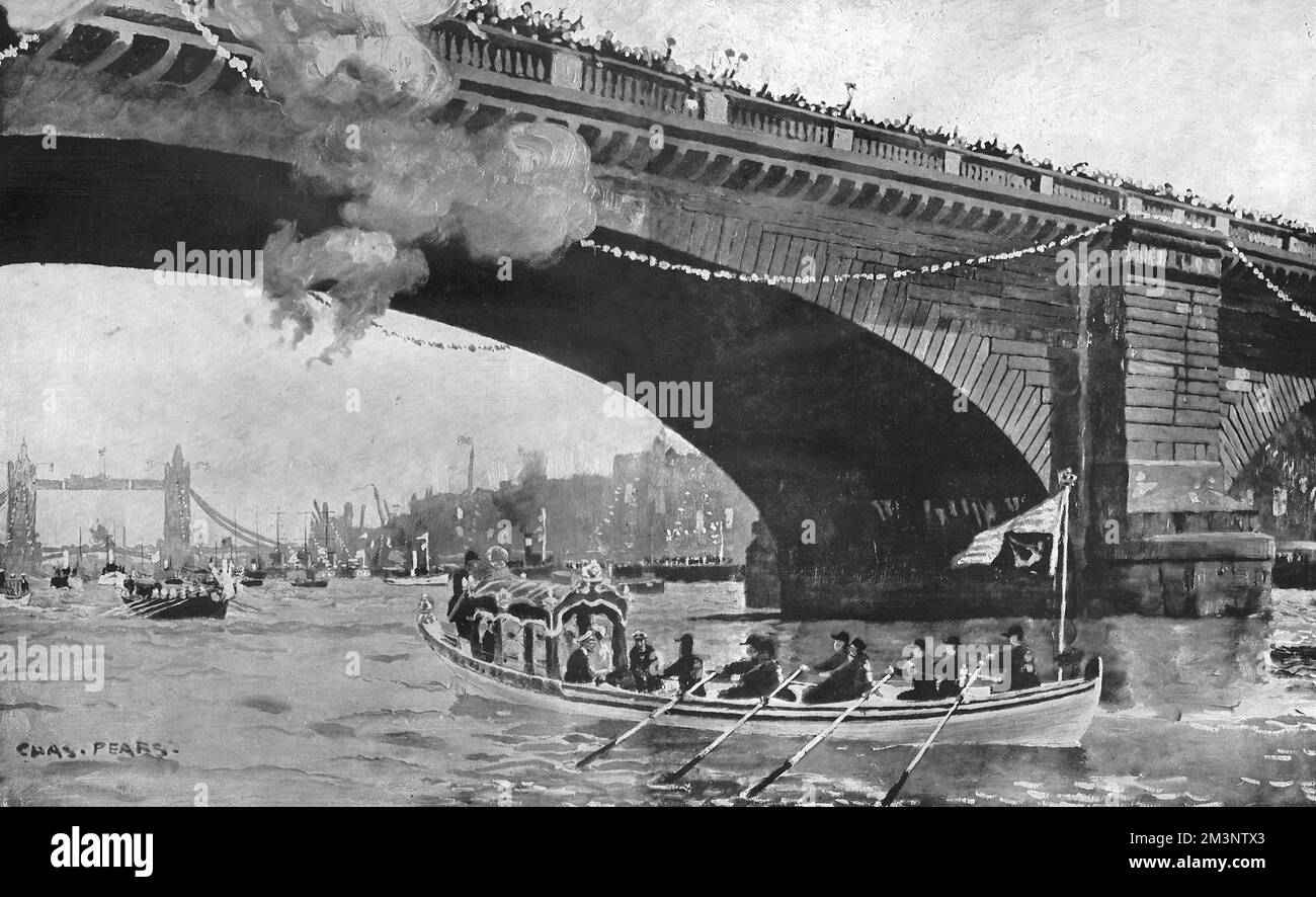 The royal barge passes under London Bridge as part of the river pageant